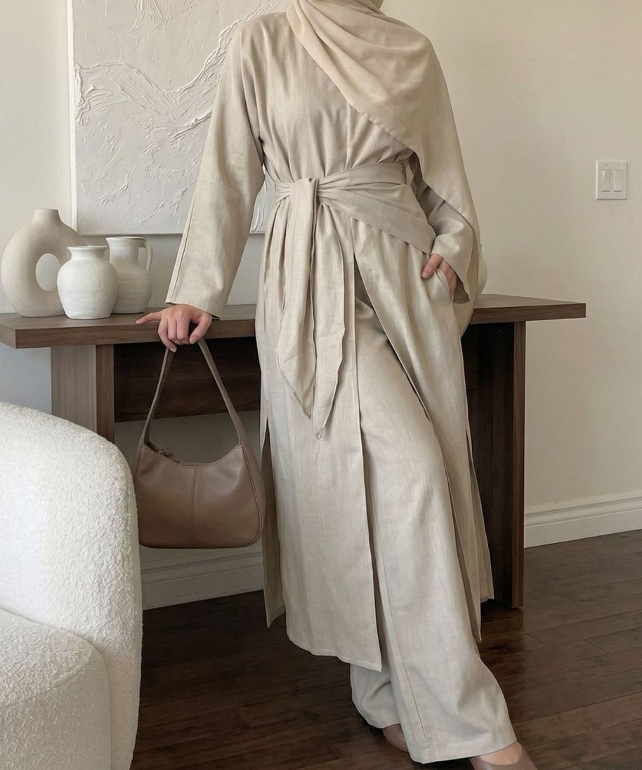 Long-Line Top, Wide-Leg Trousers & Triangle Scarf Three-Piece Co-ord Set(MS484)