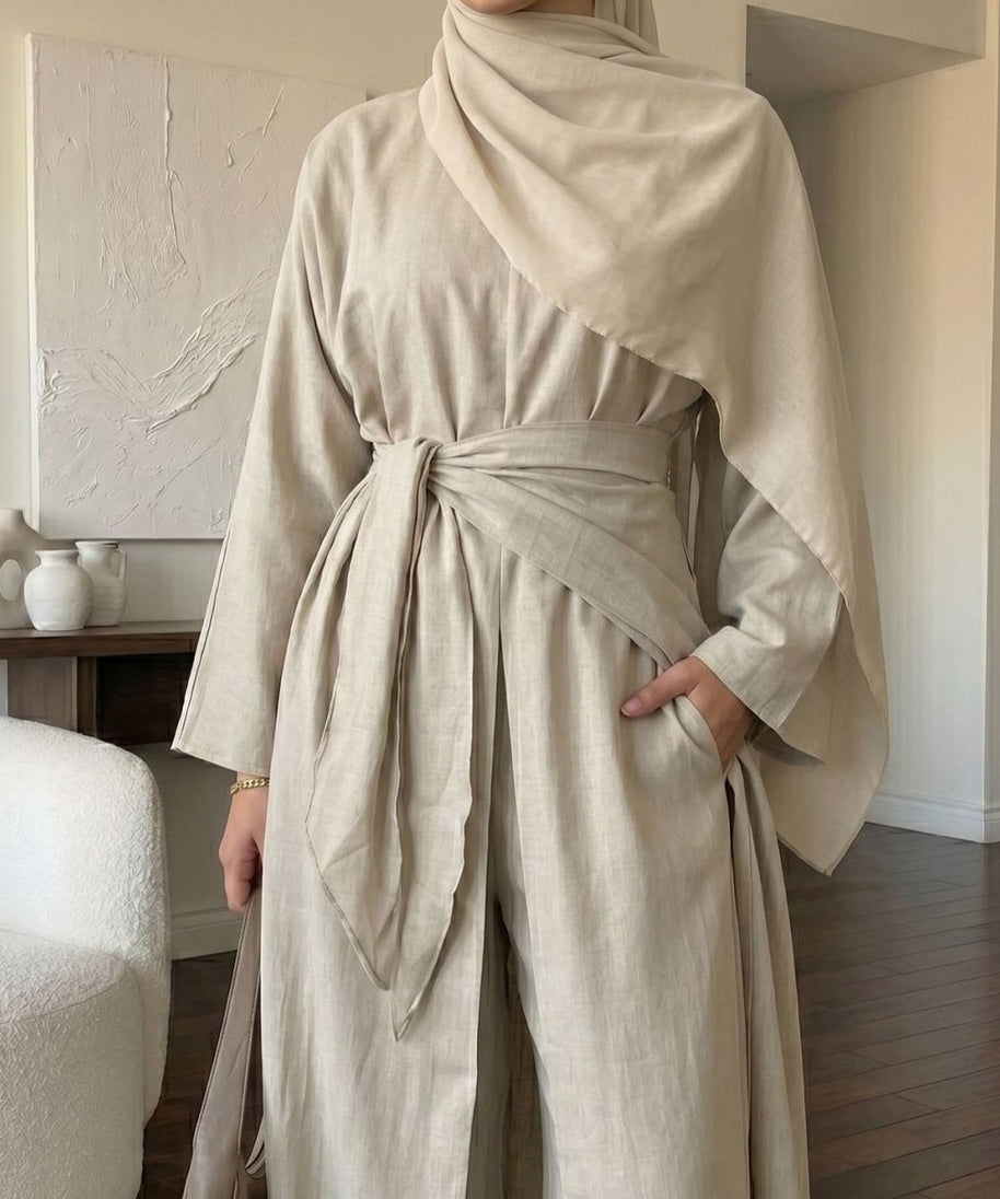 Long-Line Top, Wide-Leg Trousers & Triangle Scarf Three-Piece Co-ord Set(MS484)