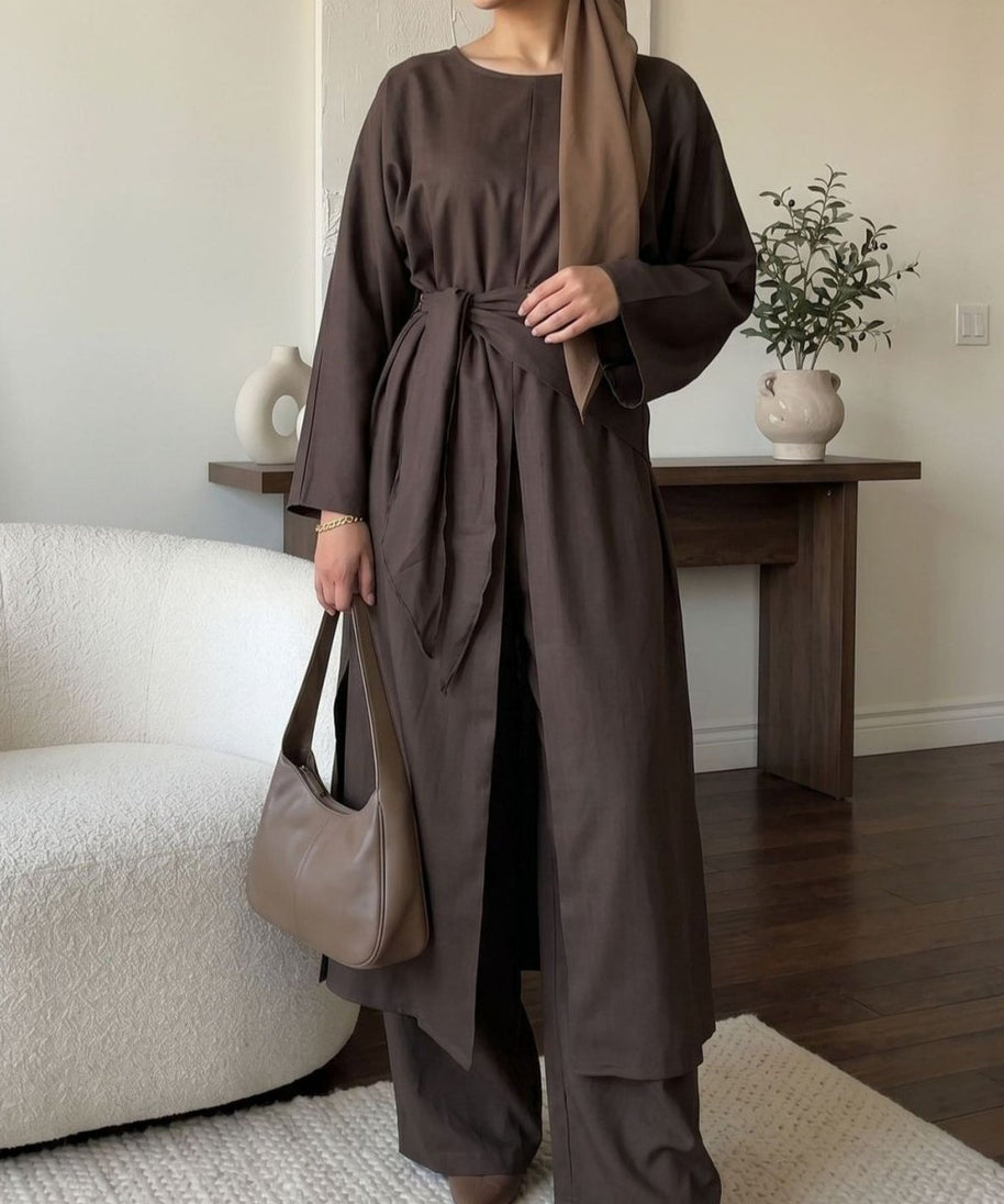 Long-Line Top, Wide-Leg Trousers & Triangle Scarf Three-Piece Co-ord Set(MS484)