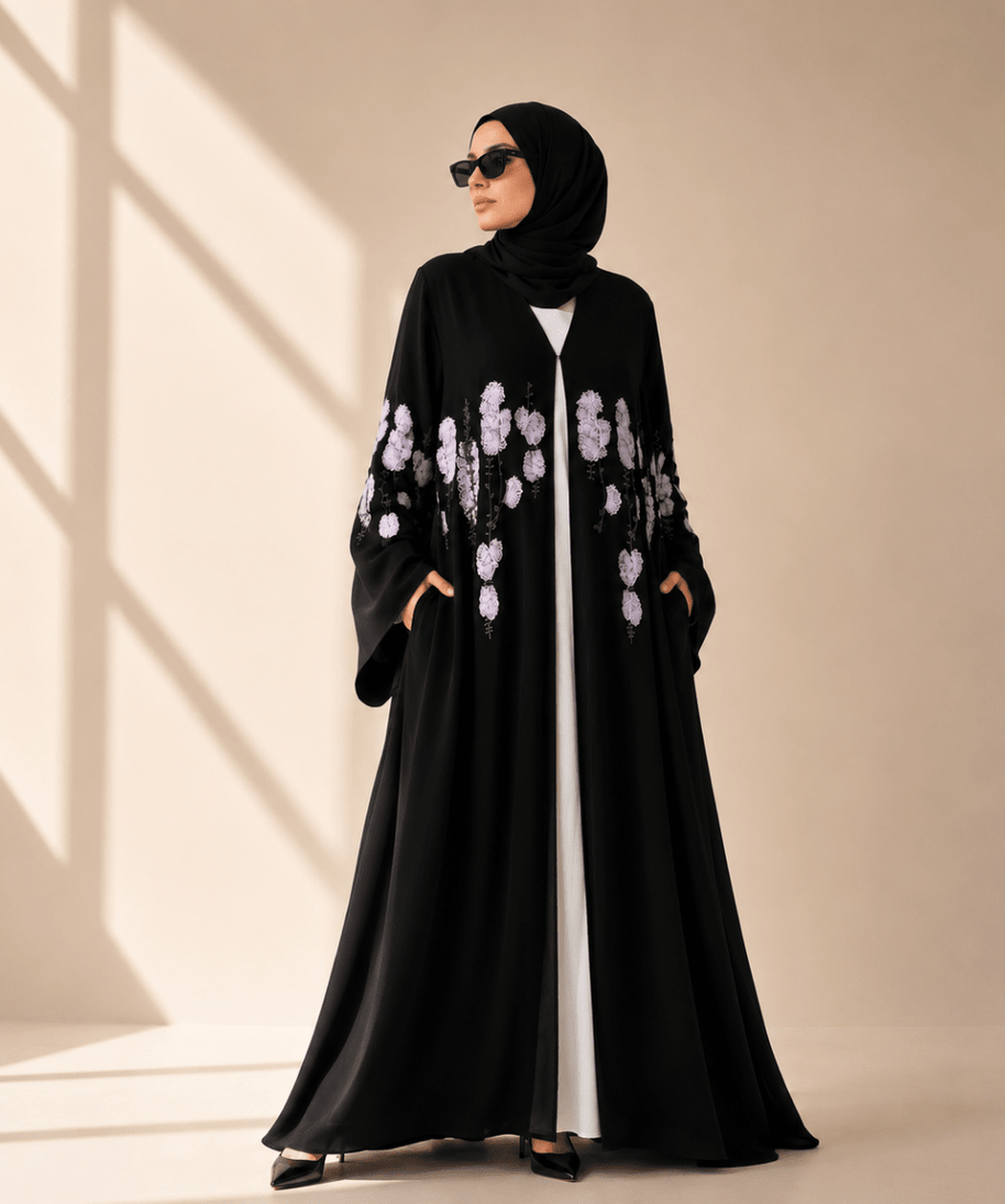 Luxury Floral Embroidered Double-Layer Chiffon Open Abaya(MOA308)