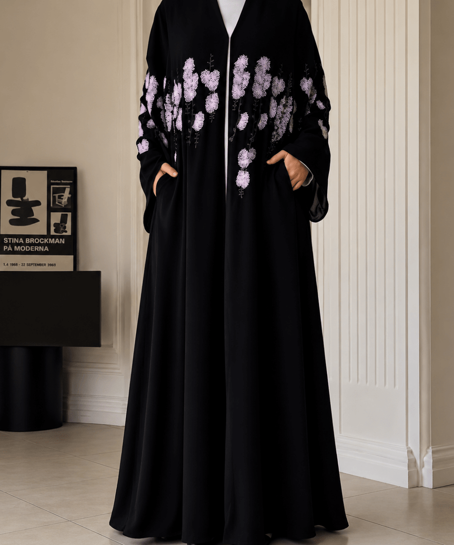 Luxury Floral Embroidered Double-Layer Chiffon Open Abaya(MOA308)