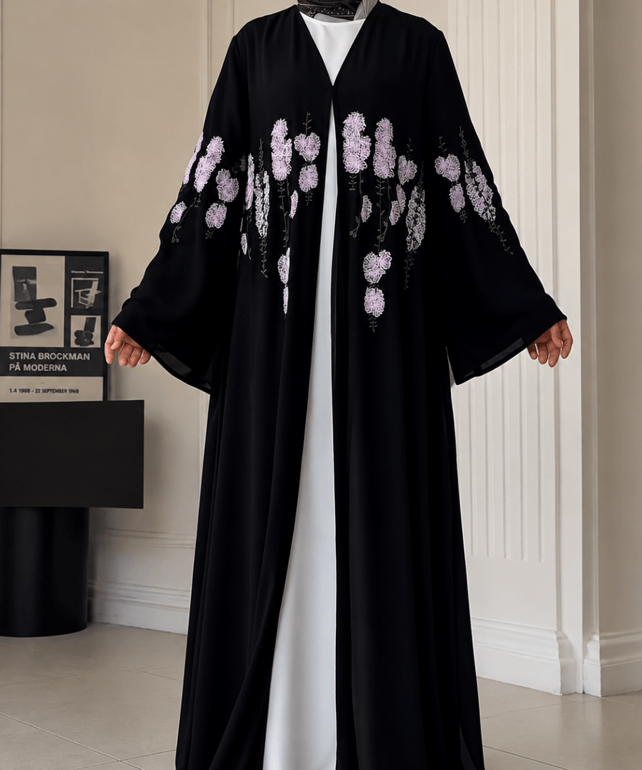 Luxury Floral Embroidered Double-Layer Chiffon Open Abaya(MOA308)