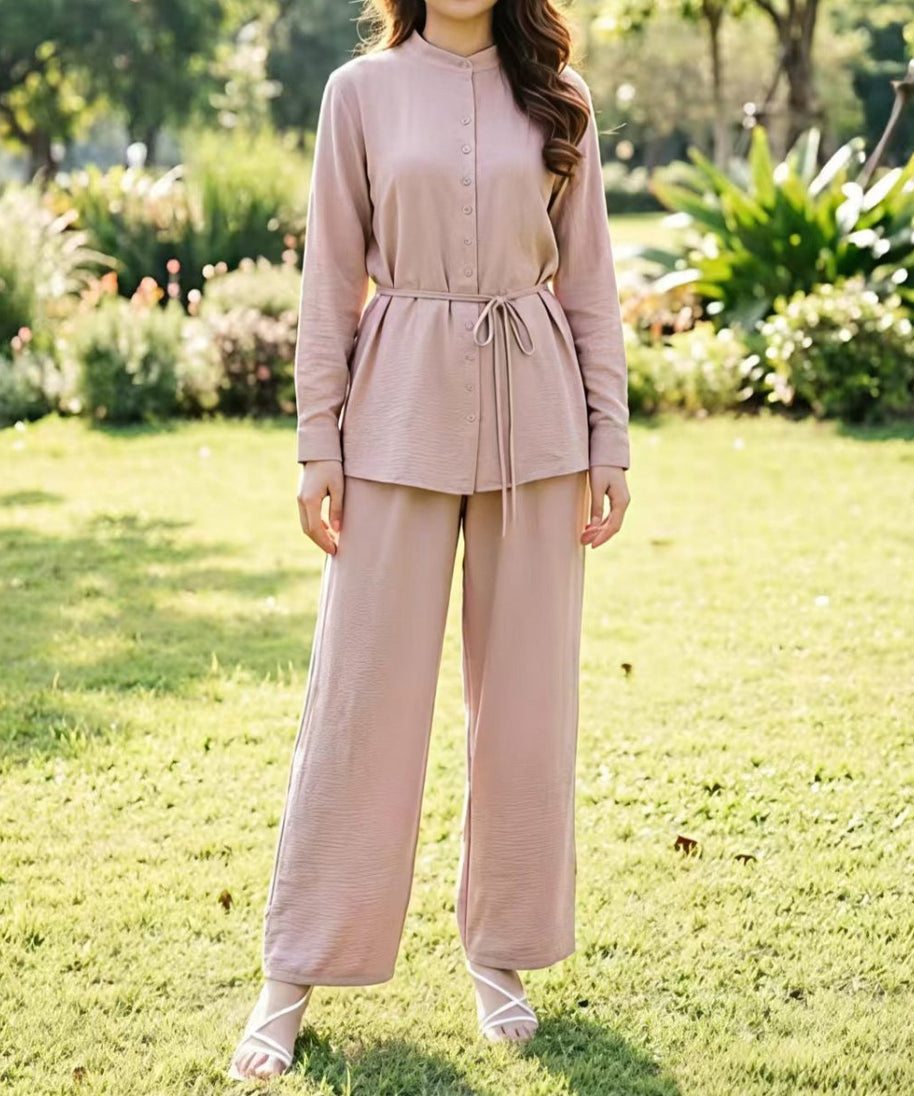 Mandarin Collar Drop-Shoulder Button Top & Wide-Leg Trouser Set(MS462)