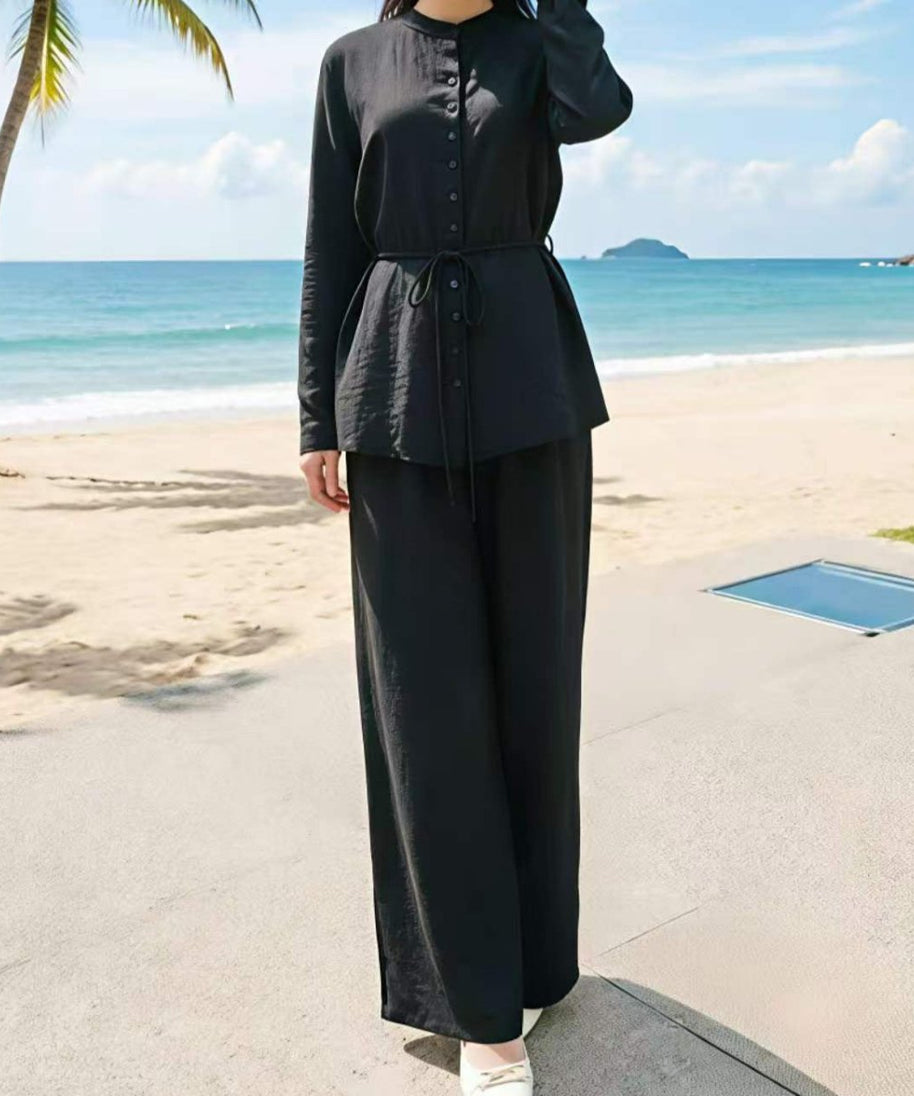Mandarin Collar Drop-Shoulder Button Top & Wide-Leg Trouser Set(MS462)