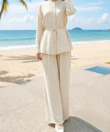 Mandarin Collar Drop-Shoulder Button Top & Wide-Leg Trouser Set(MS462)