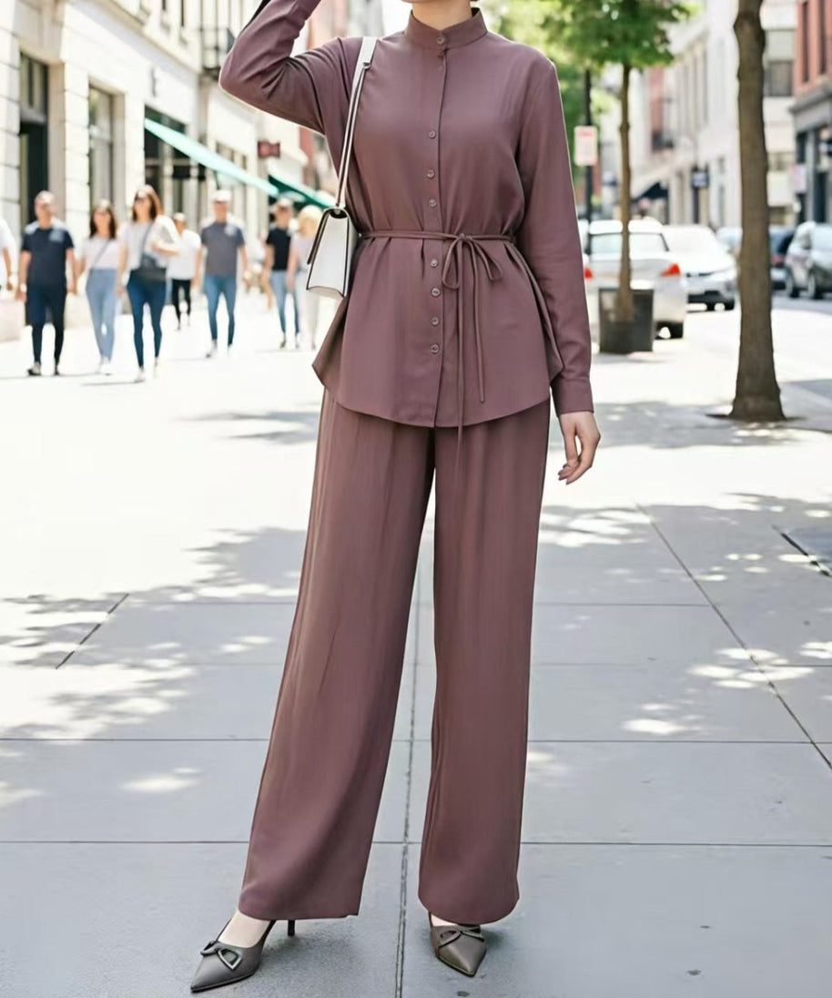 Mandarin Collar Drop-Shoulder Button Top & Wide-Leg Trouser Set(MS462)