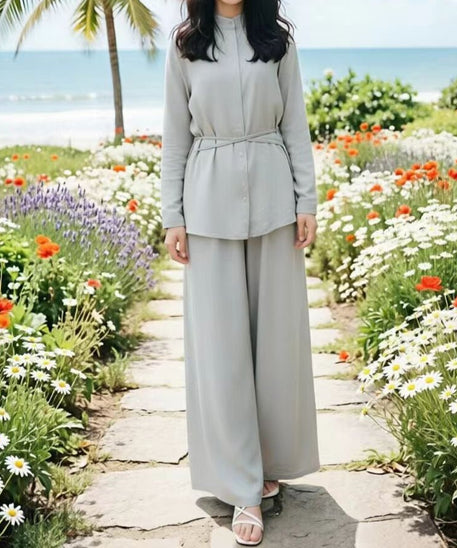 Mandarin Collar Drop-Shoulder Button Top & Wide-Leg Trouser Set(MS462)