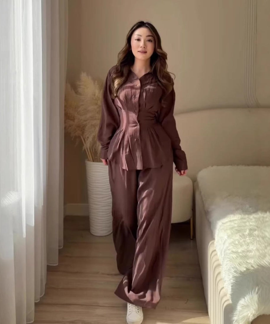 Peplum Shirt & Wide-Leg Trousers Co-ord Set(MS481)