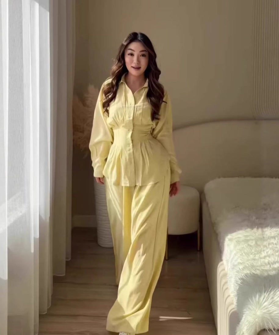 Peplum Shirt & Wide-Leg Trousers Co-ord Set(MS481)