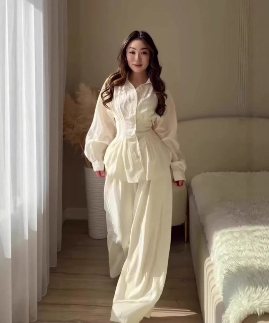 Peplum Shirt & Wide-Leg Trousers Co-ord Set(MS481)