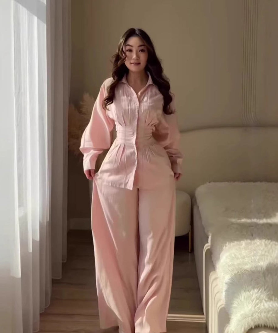 Peplum Shirt & Wide-Leg Trousers Co-ord Set(MS481)