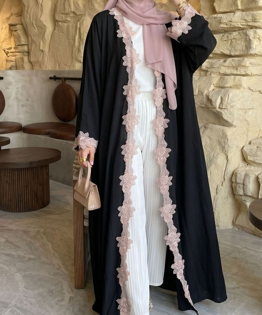 Pink Floral Lace-Trim Open Abaya(MOA333)