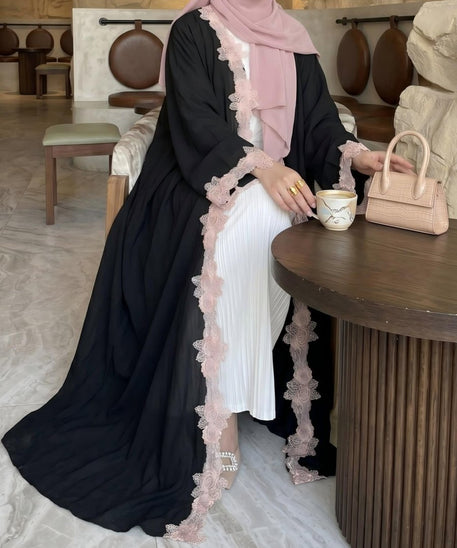 Pink Floral Lace-Trim Open Abaya(MOA333)