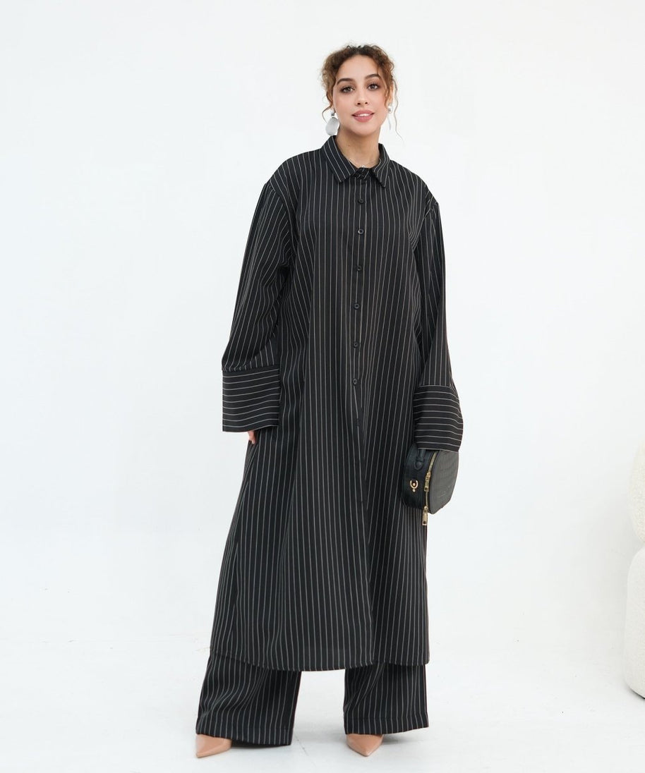 Pinstripe Oversized Shirt & Wide-Leg Trouser Set(MS452)