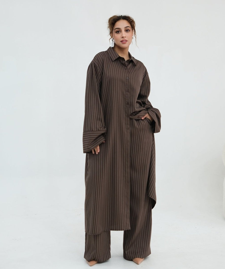 Pinstripe Oversized Shirt & Wide-Leg Trouser Set(MS452)