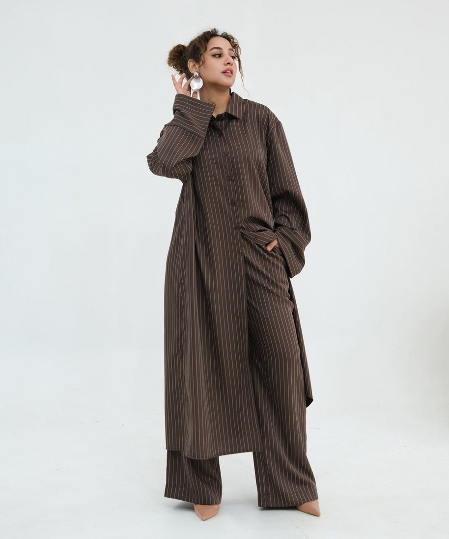 Pinstripe Oversized Shirt & Wide-Leg Trouser Set(MS452)