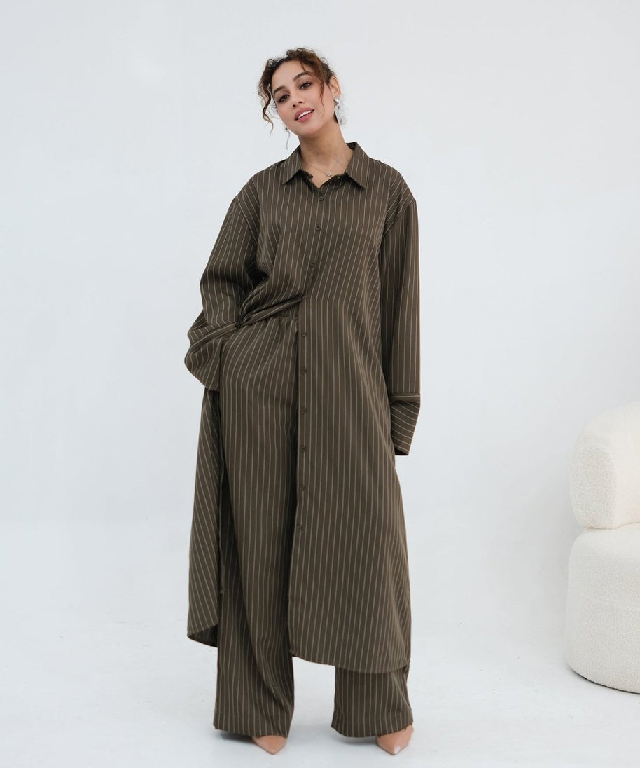 Pinstripe Oversized Shirt & Wide-Leg Trouser Set(MS452)