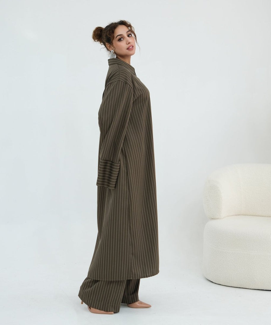 Pinstripe Oversized Shirt & Wide-Leg Trouser Set(MS452)