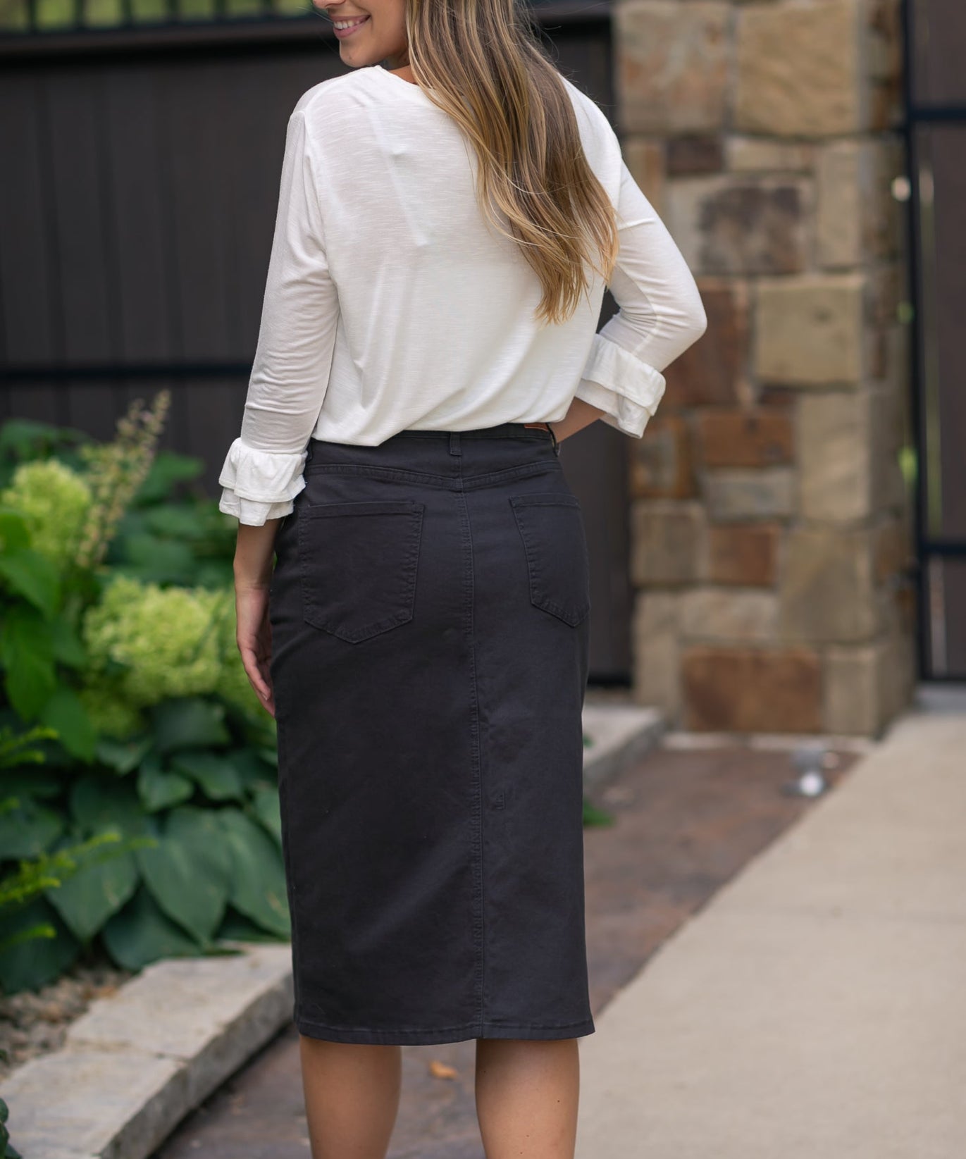 Remi Onyx Black Denim Midi Skirt