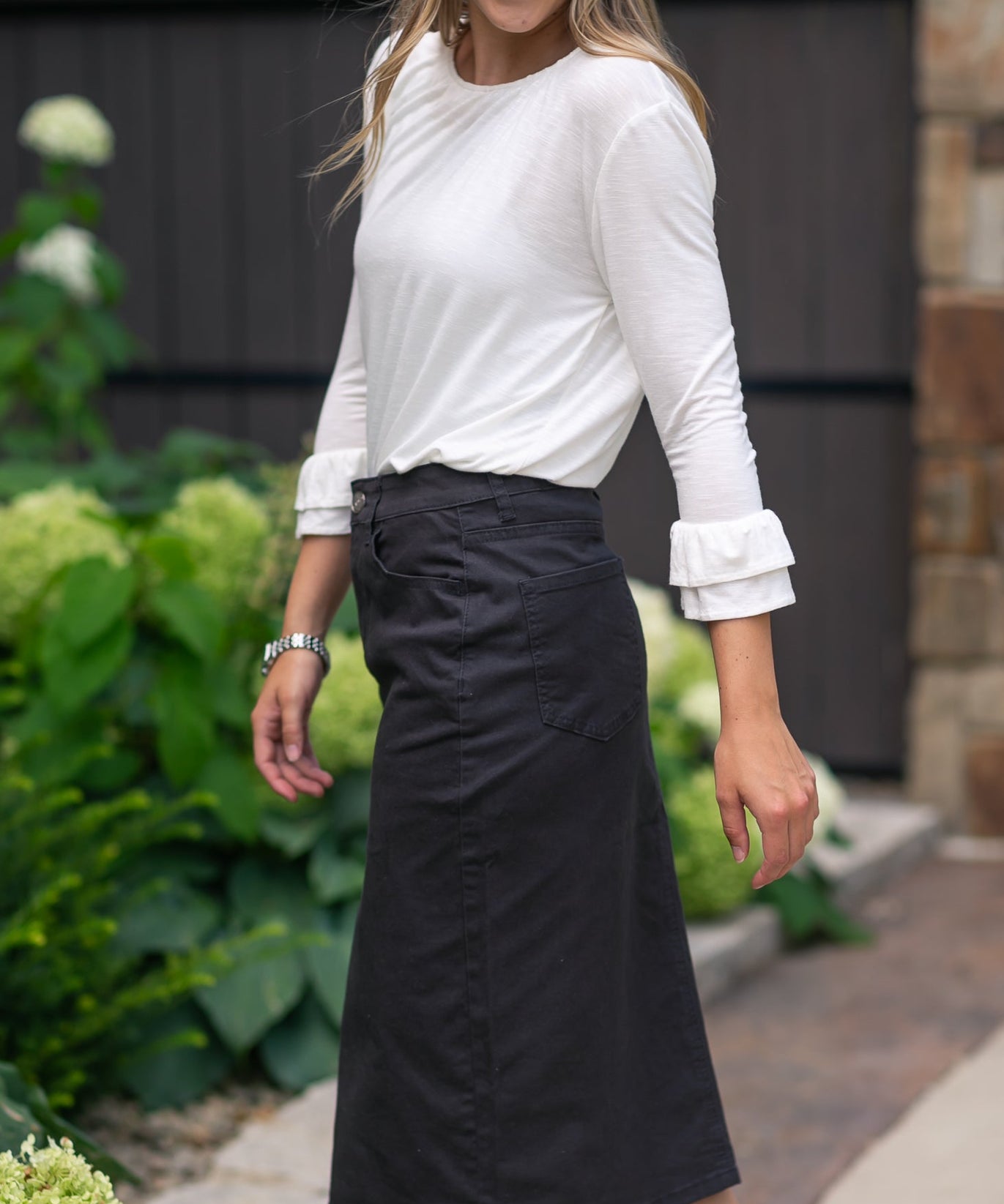 Remi Onyx Black Denim Midi Skirt