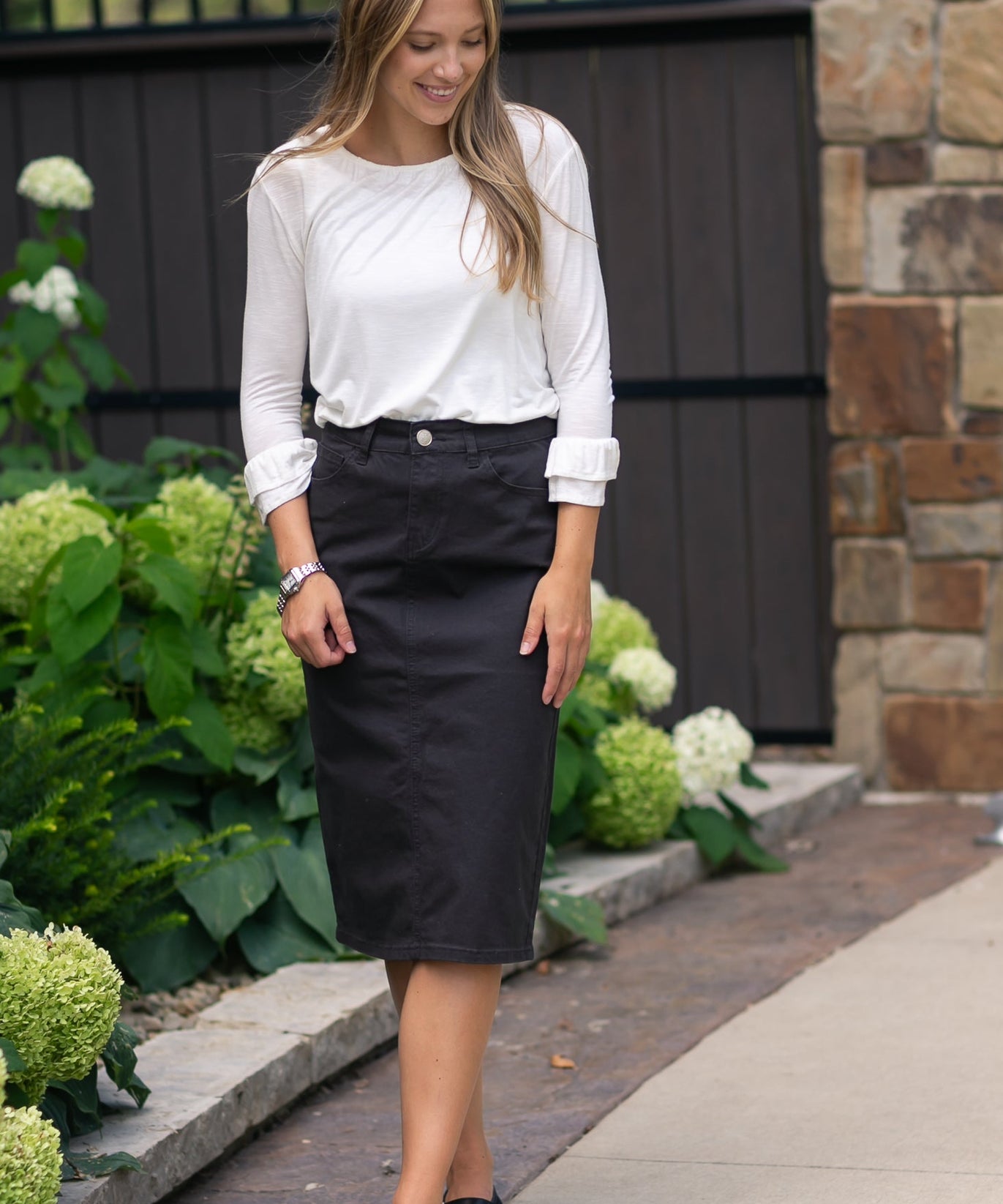 Remi Onyx Black Denim Midi Skirt