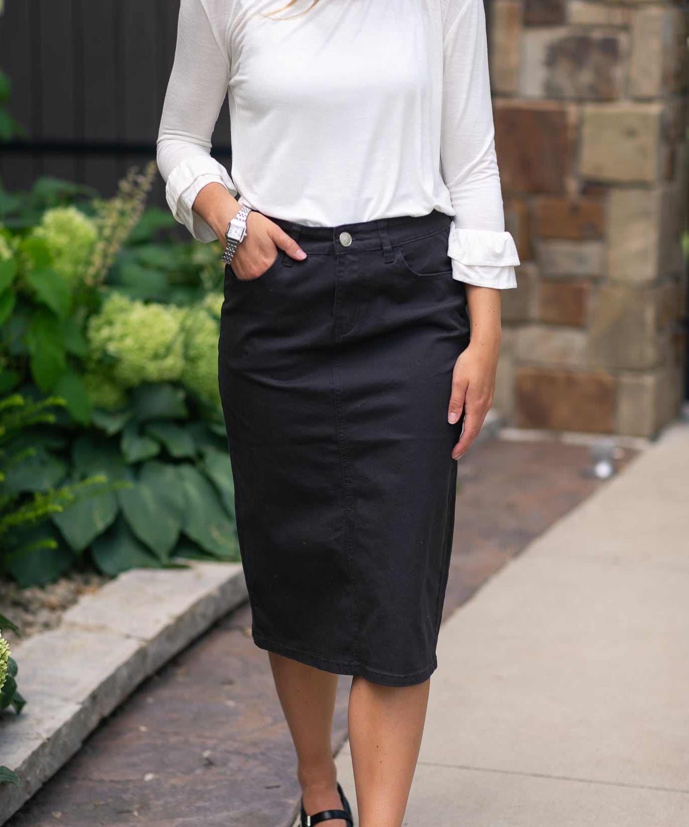 Remi Onyx Black Denim Midi Skirt