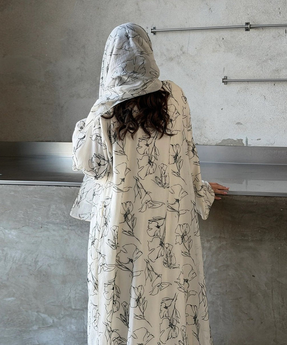 Printed Double-Layer Open Abaya & Hijab Set(MOA324)