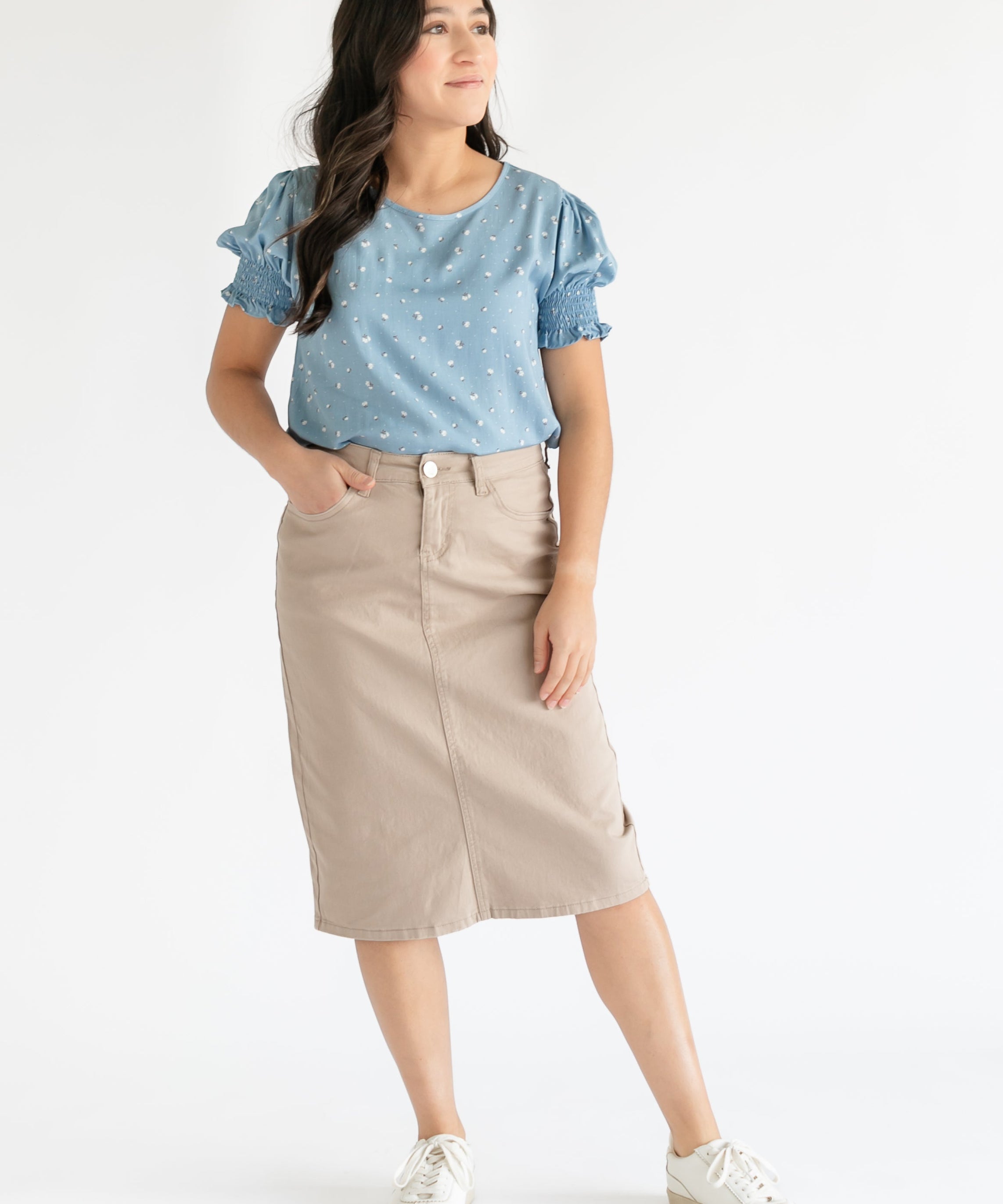 Remi Simply Taupe Denim Midi Skirt