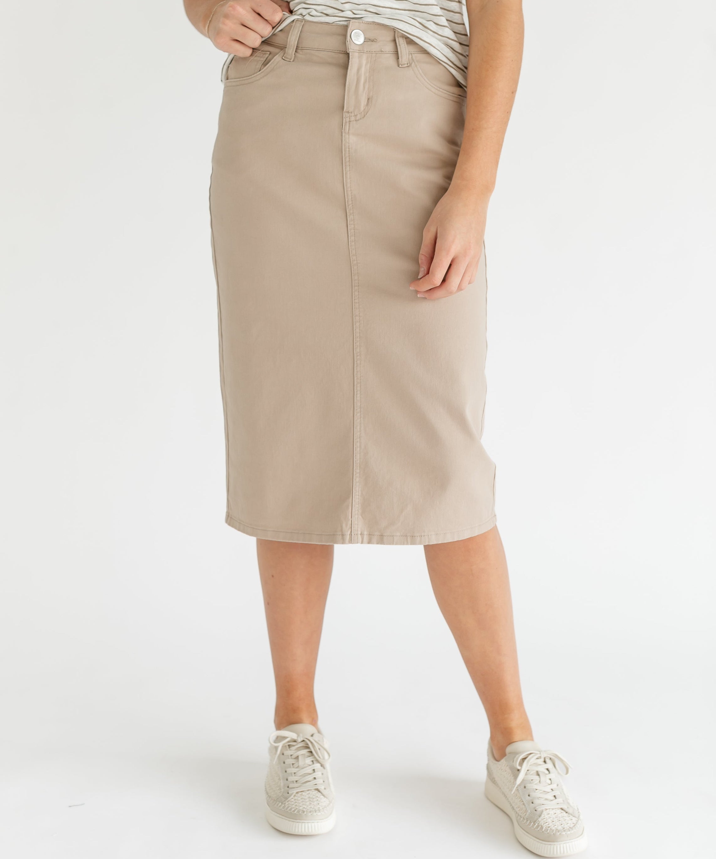 Remi Simply Taupe Denim Midi Skirt