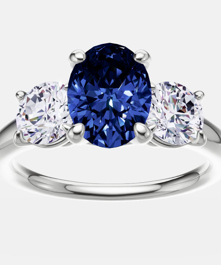 2.00 CTW Lab Created Oval Blue Sapphire & Diamond 3-Stone Engagement Ring in 14kt Gold