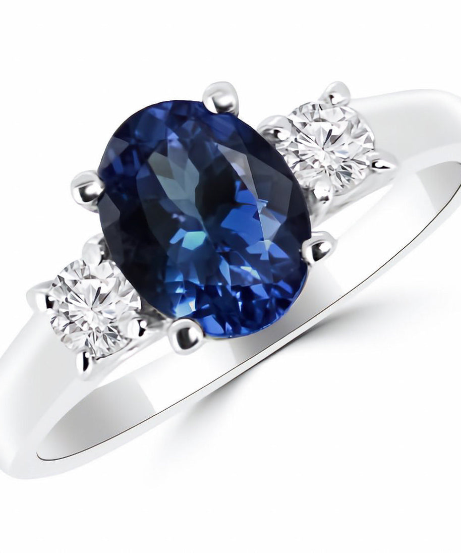 2.00 CTW Lab Created Oval Blue Sapphire & Diamond 3-Stone Engagement Ring in 14kt Gold