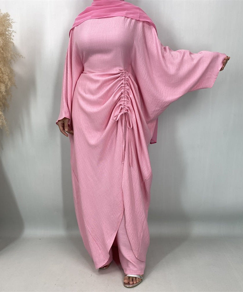Ruched Drawstring Batwing Top & Wide-Leg Trousers Co-ord Set(MS478)