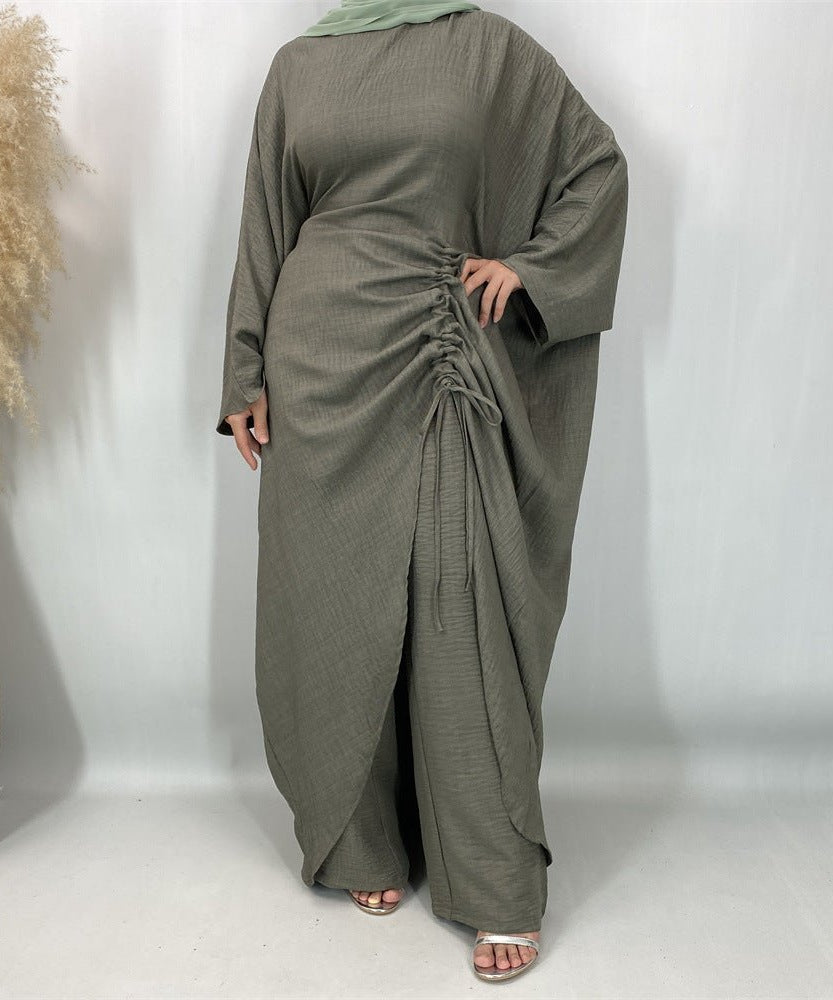 Ruched Drawstring Batwing Top & Wide-Leg Trousers Co-ord Set(MS478)