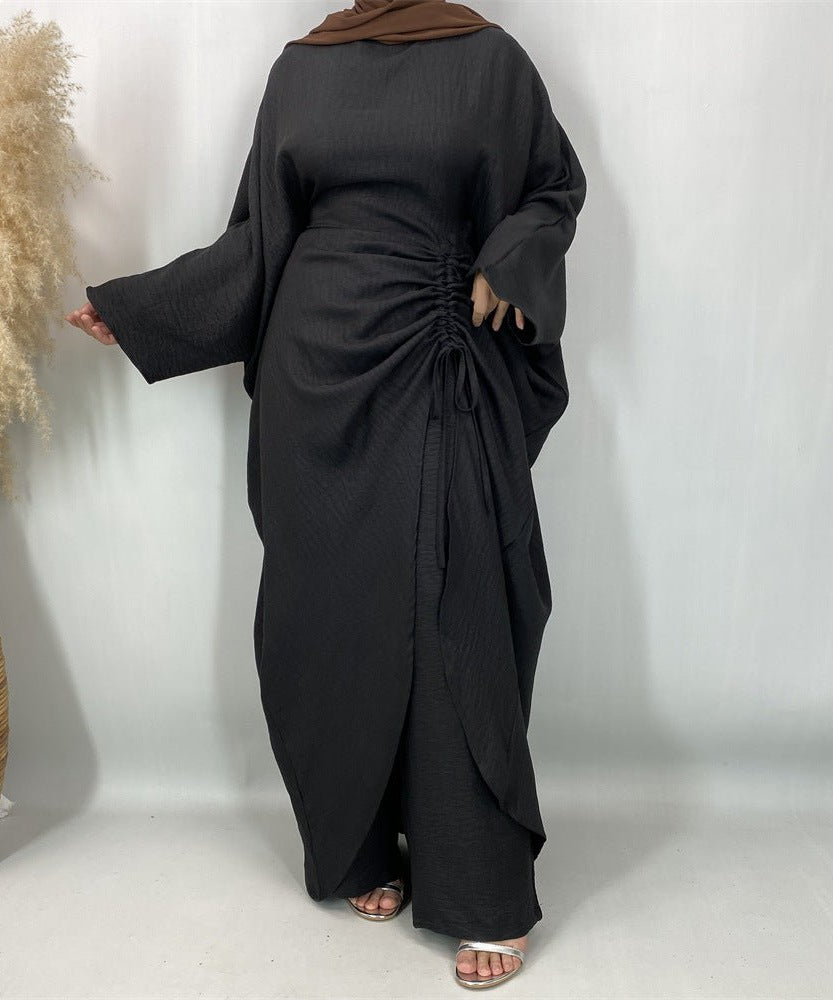 Ruched Drawstring Batwing Top & Wide-Leg Trousers Co-ord Set(MS478)