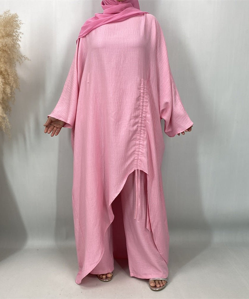 Ruched Drawstring Batwing Top & Wide-Leg Trousers Co-ord Set(MS478)
