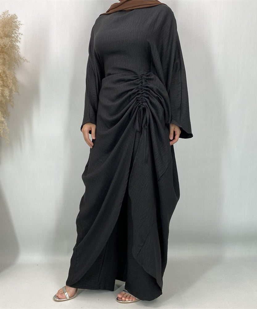 Ruched Drawstring Batwing Top & Wide-Leg Trousers Co-ord Set(MS478)