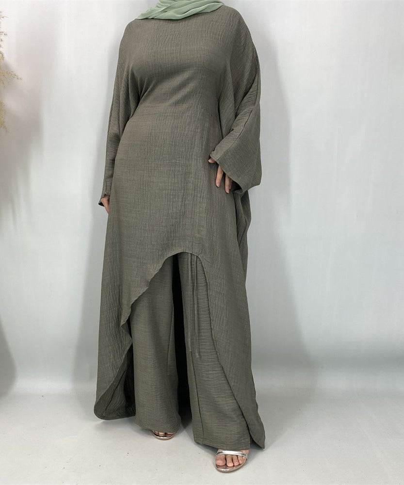 Ruched Drawstring Batwing Top & Wide-Leg Trousers Co-ord Set(MS478)