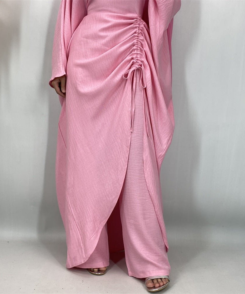 Ruched Drawstring Batwing Top & Wide-Leg Trousers Co-ord Set(MS478)