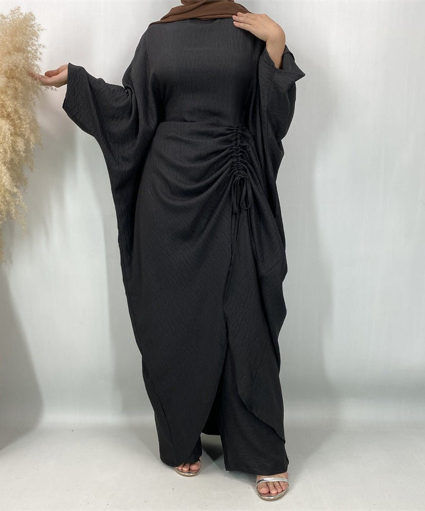 Ruched Drawstring Batwing Top & Wide-Leg Trousers Co-ord Set(MS478)