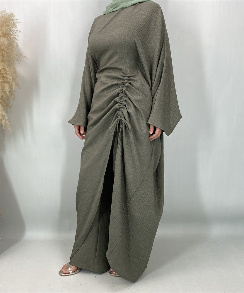 Ruched Drawstring Batwing Top & Wide-Leg Trousers Co-ord Set(MS478)