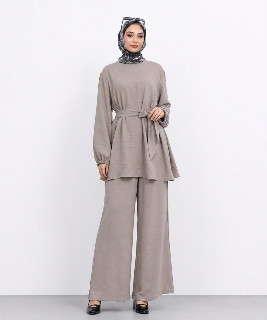 Textured Longline Top & Wide-Leg Trouser Set(MS455)