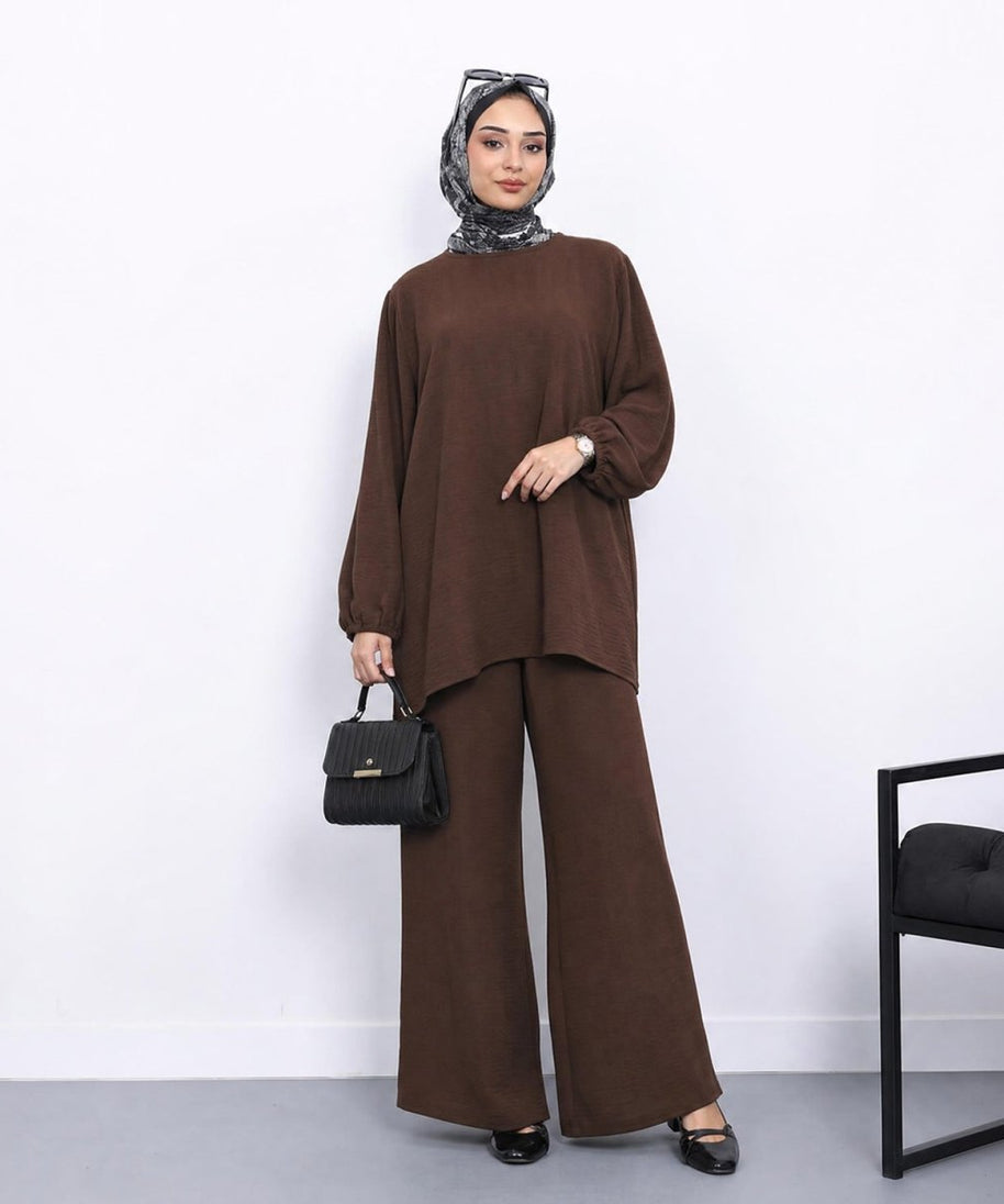 Textured Longline Top & Wide-Leg Trouser Set(MS455)