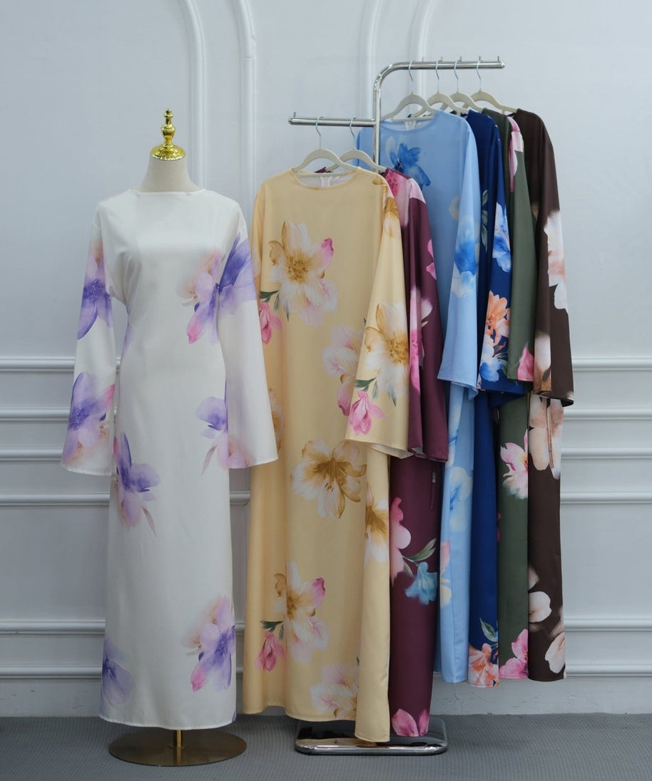 Watercolour Floral Washed-Crinkle Wide-Sleeve Maxi Dress(MS473)