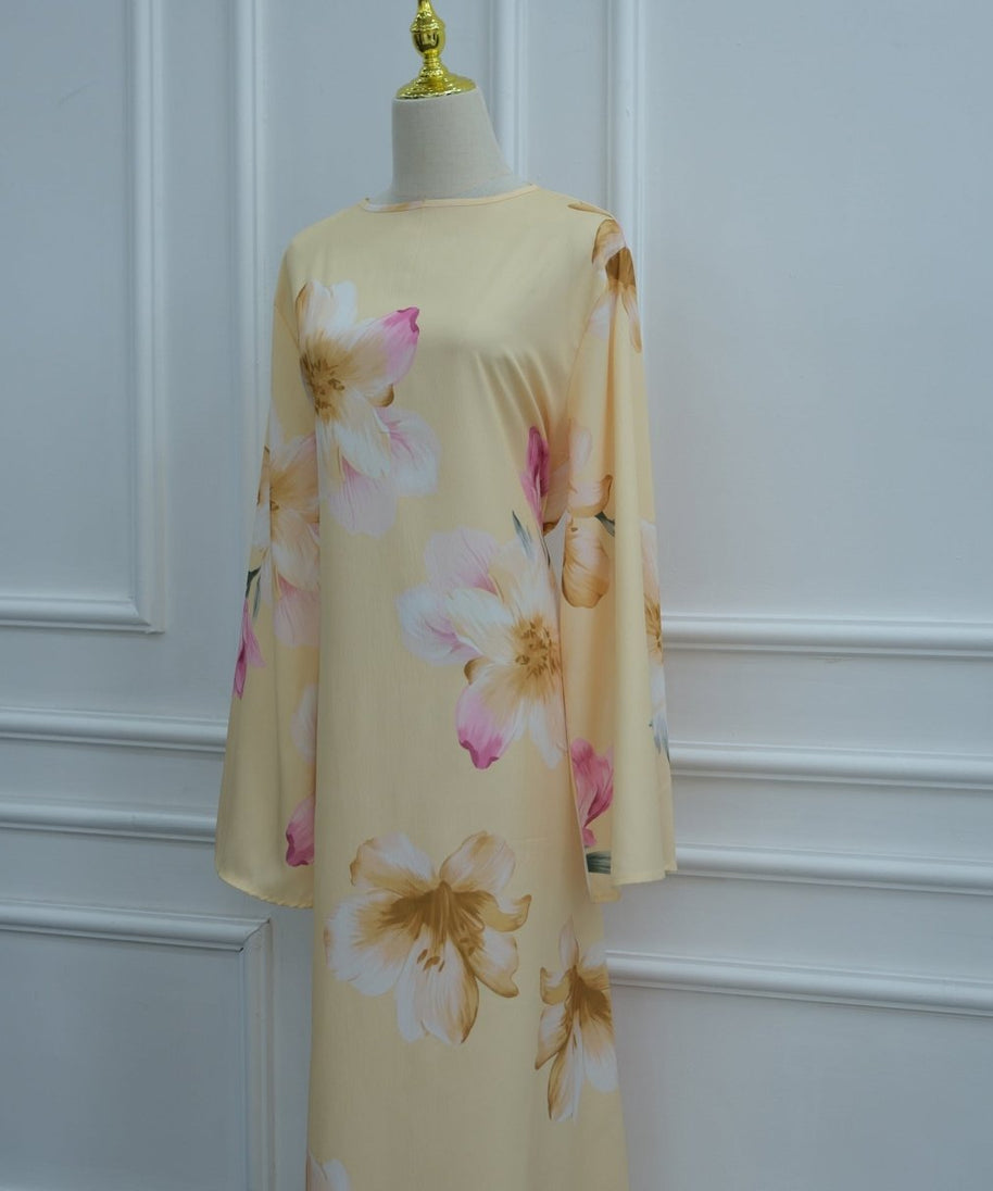 Watercolour Floral Washed-Crinkle Wide-Sleeve Maxi Dress(MS473)