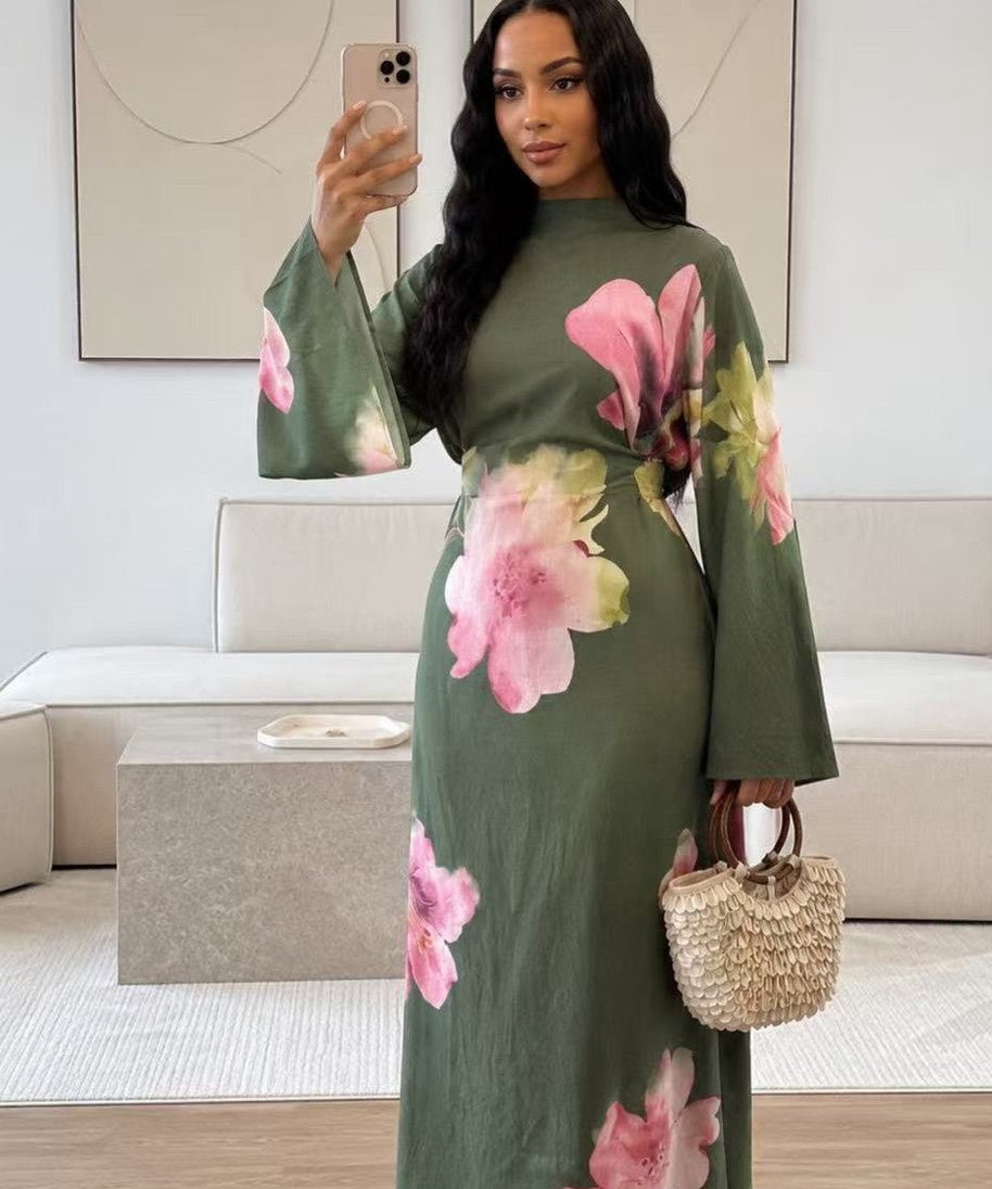 Watercolour Floral Washed-Crinkle Wide-Sleeve Maxi Dress(MS473)