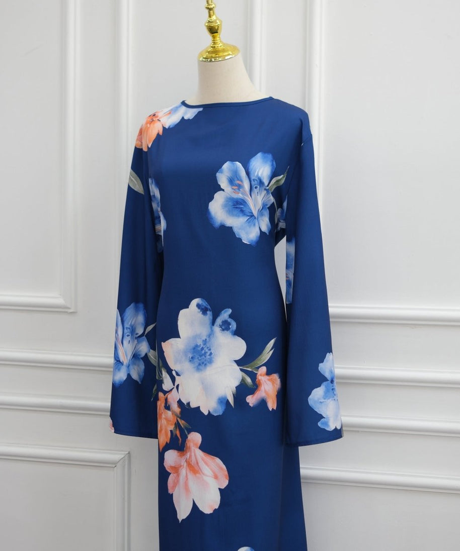 Watercolour Floral Washed-Crinkle Wide-Sleeve Maxi Dress(MS473)