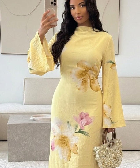 Watercolour Floral Washed-Crinkle Wide-Sleeve Maxi Dress(MS473)