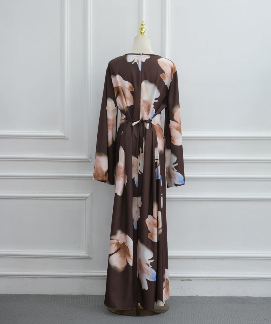 Watercolour Floral Washed-Crinkle Wide-Sleeve Maxi Dress(MS473)