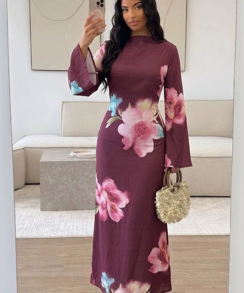 Watercolour Floral Washed-Crinkle Wide-Sleeve Maxi Dress(MS473)