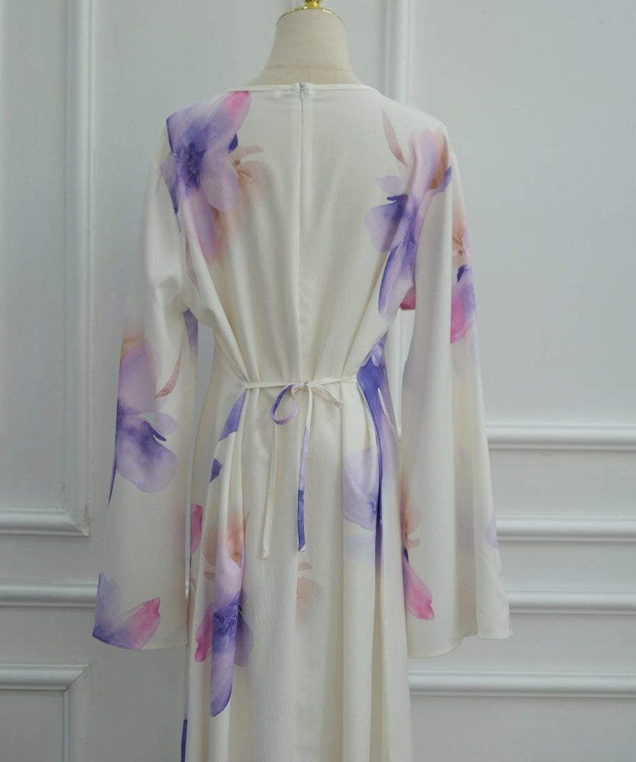 Watercolour Floral Washed-Crinkle Wide-Sleeve Maxi Dress(MS473)